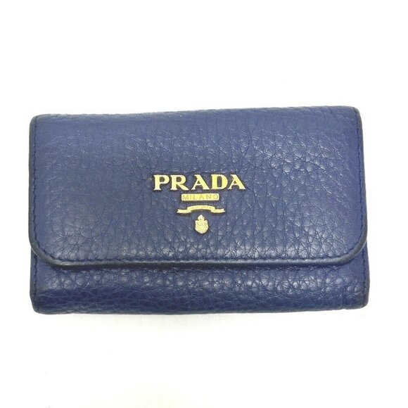 PRADA 1PG222 triangle plate 6-Ring Key Case Leather blue/GoldHardware - Picture 1 of 14